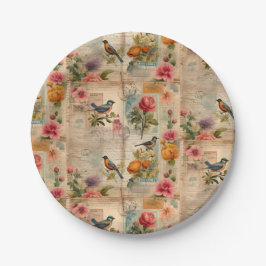 Junk Journal Seite mit Blumen + Vögel -  Pappteller