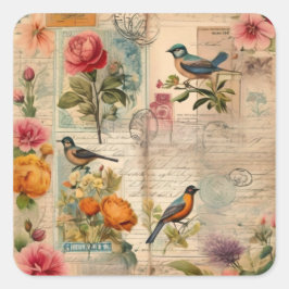 Junk Journal Seite mit Blumen + Vögel -  Quadratischer Aufkleber
