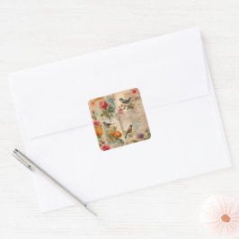 Junk Journal Seite mit Blumen + Vögel - Quadratischer Aufkleber