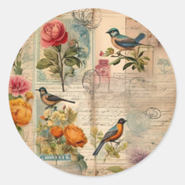Junk Journal Seite mit Blumen + Vögel -  Runder Aufkleber