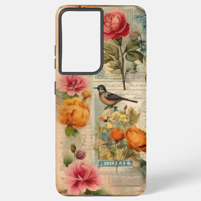 Junk Journal Seite mit Blumen + Vögel -  Samsung Galaxy Hülle (Rückseite)