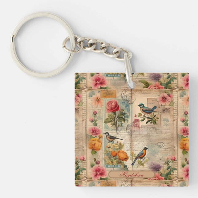 Junk Journal Seite mit Blumen + Vögel -  Schlüsselanhänger (Vorderseite)