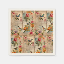 Junk Journal Seite mit Blumen + Vögel -  Serviette