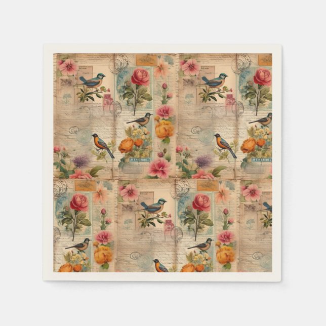 Junk Journal Seite mit Blumen + Vögel -  Serviette (Vorderseite)