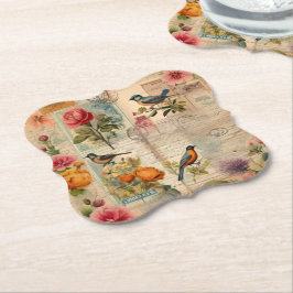 Junk Journal Seite mit Blumen + Vögel -  Untersetzer