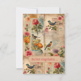 Junk Journal Seite mit Blumen + Vögeln -  Einladung