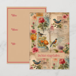 Junk Journal Seite mit Blumen + Vögeln - Einladung