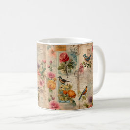 Junk Journal Seite mit Blumen + Vögeln - Kaffeetasse