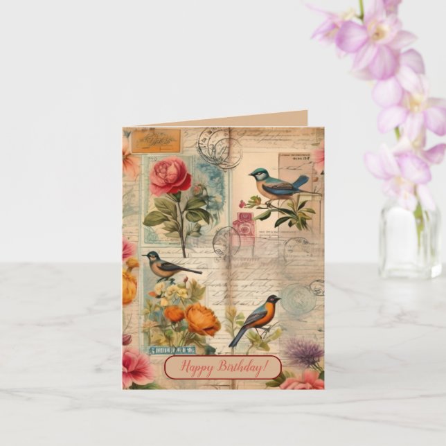 Junk Journal Seite mit Blumen + Vögeln -  Karte (Orchidee)