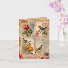 Junk Journal Seite mit Blumen + Vögeln -  Karte