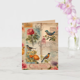 Junk Journal Seite mit Blumen + Vögeln -  Karte