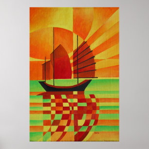 Junk on Sea of Green Cubist Abstrakt Poster