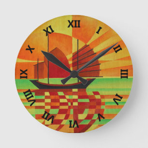 Junk on Sea of Green Cubist Abstrakt Runde Wanduhr