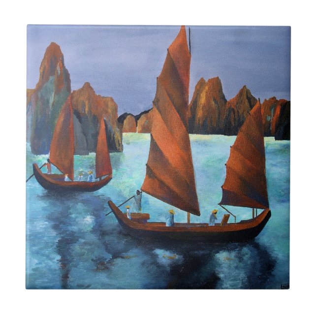 Junks in der absteigenden Drachenbucht Fliese (Vorderseite)