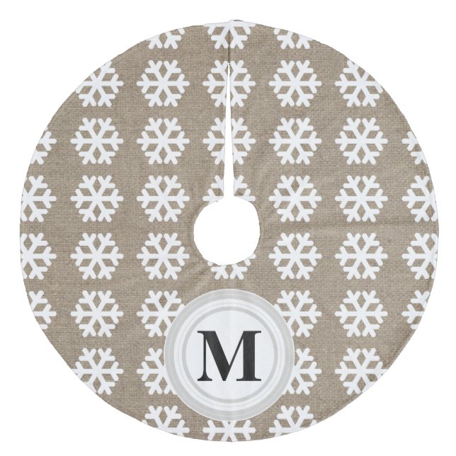 Jupon De Sapin En Molleton Faux Burlap White Snowflakes Monogram Tree Jupe (Devant)