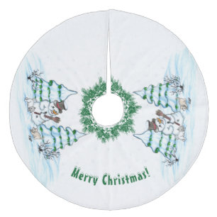 Jupon De Sapin En Molleton Joyeux Noël ! Snowman avec chat et chiot