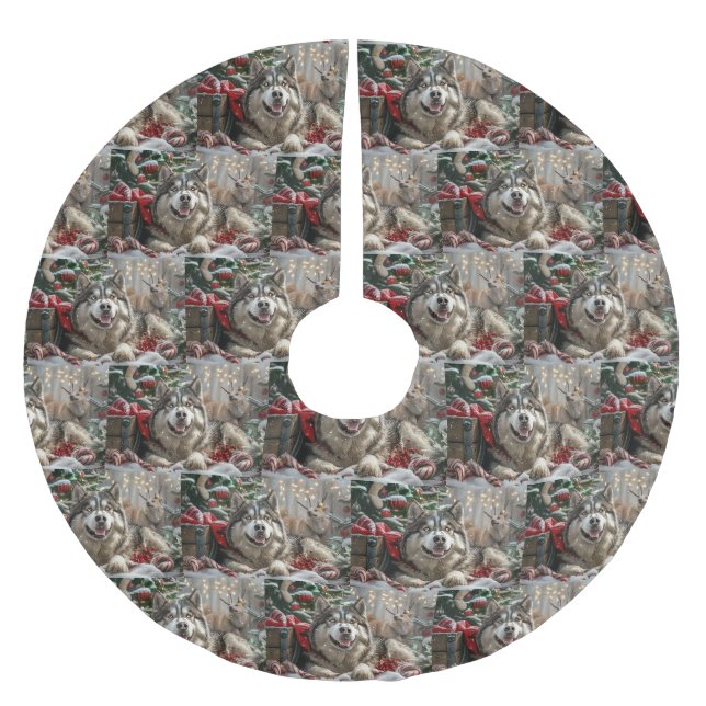 Jupon De Sapin En Polyester Brossé Alaskan Malamute Chien Fête de Noël (Devant)