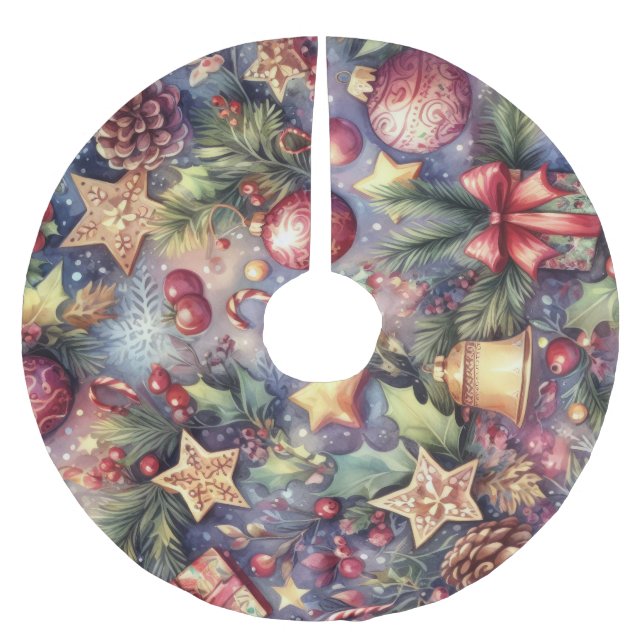 Jupon De Sapin En Polyester Brossé Aquarelle Purple Motifs de Noël (Devant)