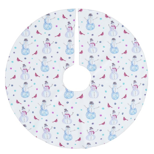 Jupon De Sapin En Polyester Brossé Aquarelle Whimsical Snowmen and Cardinal Birds (Devant)