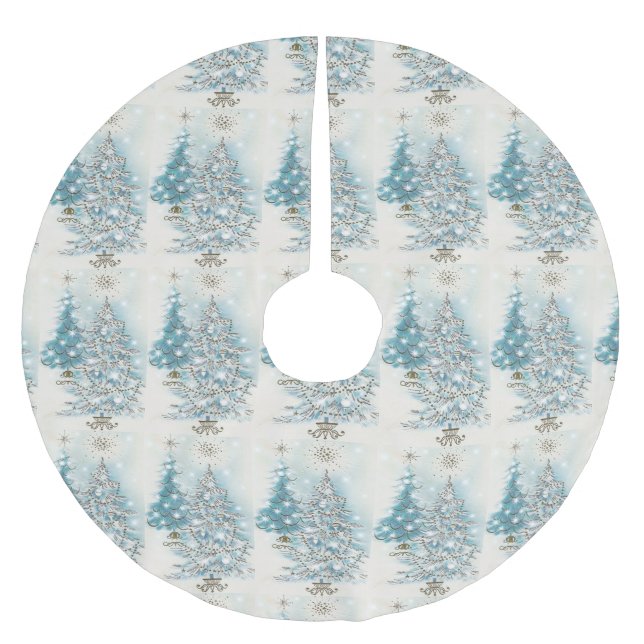 Jupon De Sapin En Polyester Brossé Argent & Bleu Mi-Siècle Moderne Arbres de Noël (Devant)