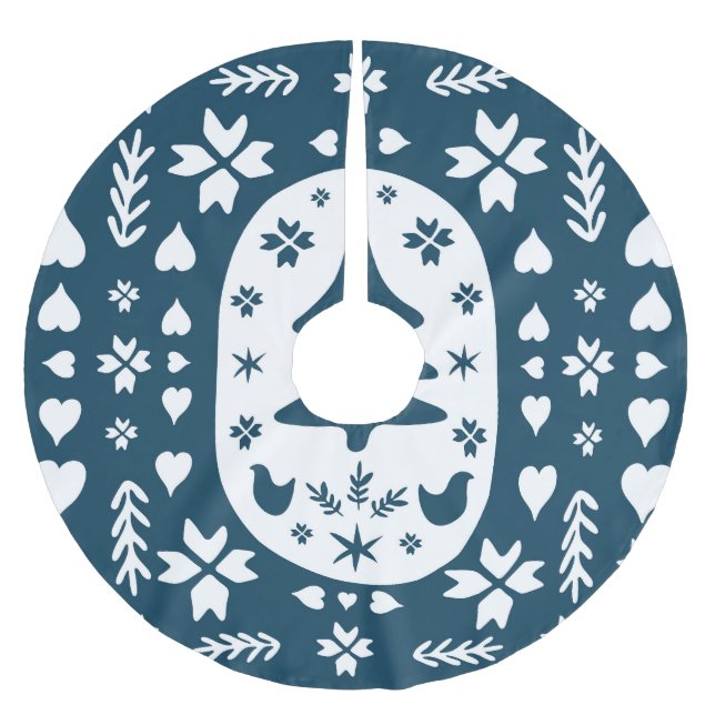 Jupon De Sapin En Polyester Brossé Art populaire de Noël : Doodle scandinave. (Devant)