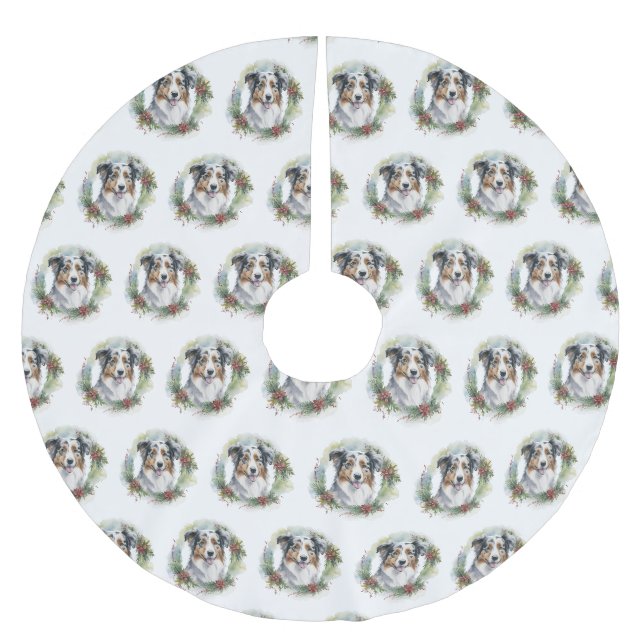 Jupon De Sapin En Polyester Brossé Australian Shepherd Christmas Wreath Festive Pup (Devant)