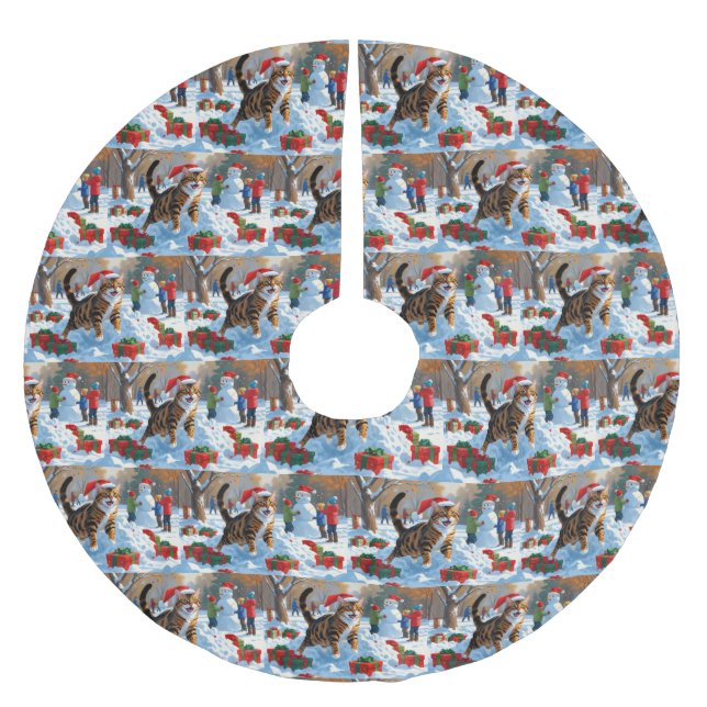 Jupon De Sapin En Polyester Brossé Bengale Chat Noël Festive Scène de neige (Devant)