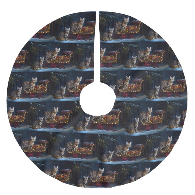 Jupon De Sapin En Polyester Brossé Bengale Chat Snowy Sleigh Ride Décor de Noël (Devant)