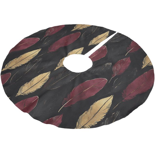 Jupon De Sapin En Polyester Brossé Black Red Gold Feathers Christmas (Angle)