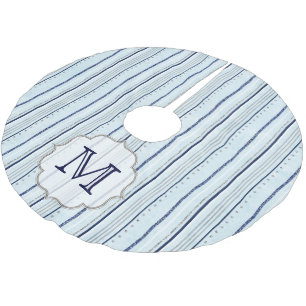 Jupon De Sapin En Polyester Brossé Bleu Hiver Rayures Monogramme Jupe Arbre Initiale