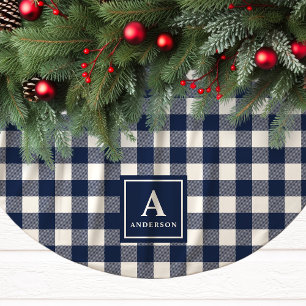 Jupon De Sapin En Polyester Brossé Bleu Marine Et Gingham À Carreaux Blanc Monogramme