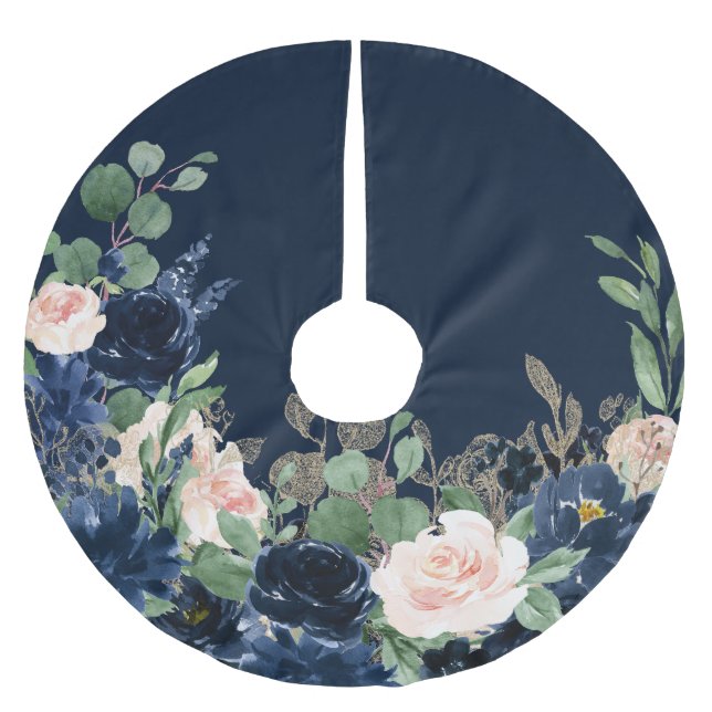 Jupon De Sapin En Polyester Brossé Blooms Chics | Modèle floral bleu marine et bleu (Devant)