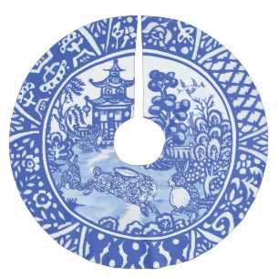 Jupon De Sapin En Polyester Brossé Blue Willow Oriental Rabbit Whimsical Blue & White