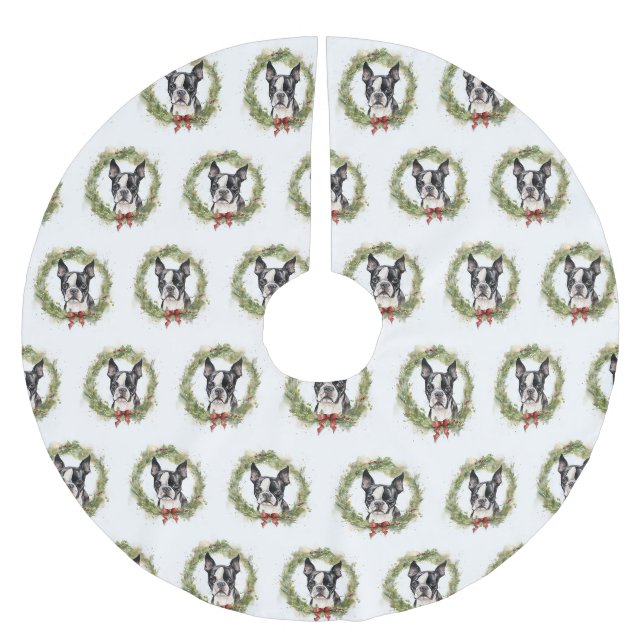 Jupon De Sapin En Polyester Brossé Boston Terrier Noël Wreath Festive Pup (Devant)