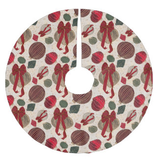Jupon De Sapin En Polyester Brossé Boules de Noël grasses & Rubans Rouges sur Crème