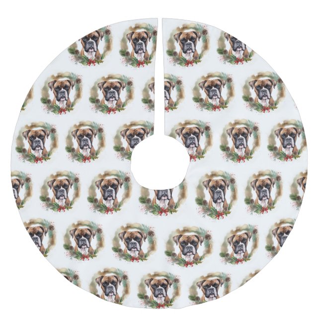 Jupon De Sapin En Polyester Brossé Boxer Christmas Wreath Festive Pup (Devant)