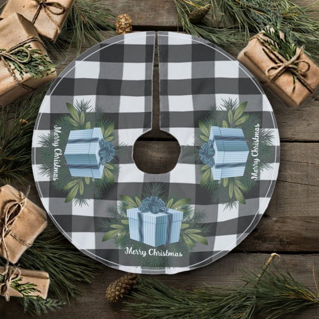 Jupon De Sapin En Polyester Brossé Cadeau de Noël Plaid Buffalo | Bleu (Blue Buffalo Plaid Christmas Gift Tree Skirt)