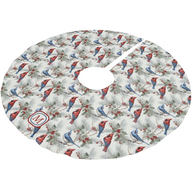 Jupon De Sapin En Polyester Brossé Cardinal Rouge Monogramme de Jay bleu (Angle)