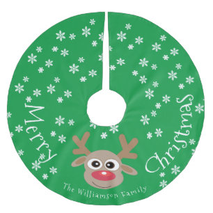 Jupon De Sapin En Polyester Brossé Caricature de rennes Noël Vert Blanc Snowflakes