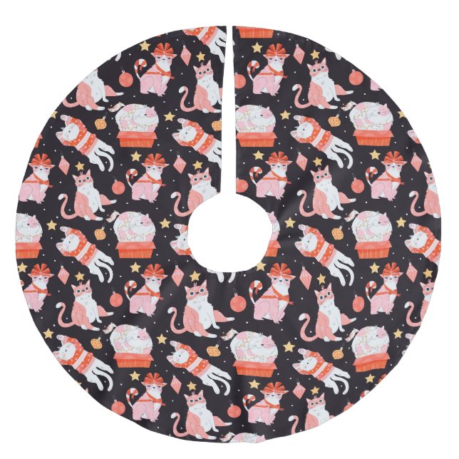 Jupon De Sapin En Polyester Brossé Chats de Noël mignons (Devant)