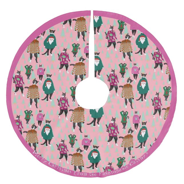 Jupon De Sapin En Polyester Brossé Chats roses dans des pulls de Noël moches (Devant)