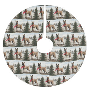 Jupon De Sapin En Polyester Brossé Chien Malinois Belge dans la neige Noël