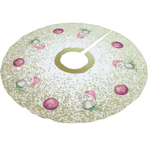 Jupon De Sapin En Polyester Brossé Chouettes Mignonnes Et Boules De Noël Avec Parties