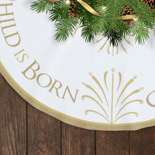 Jupon De Sapin En Polyester Brossé Christ est né Noël   Blanc/Or  
