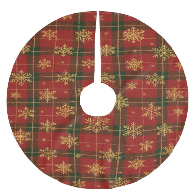 Jupon De Sapin En Polyester Brossé Classic Red Tartan with Golden Snowflakes (Devant)