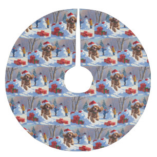 Jupon De Sapin En Polyester Brossé Cocker Spaniel courant dans la neige avec un chape