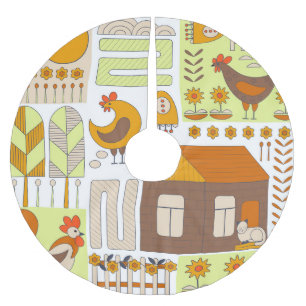 Jupon De Sapin En Polyester Brossé Coq, poules, dessin géométrique floral.