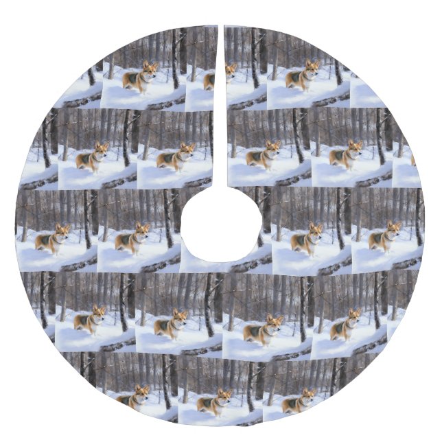 Jupon De Sapin En Polyester Brossé Corgi laisse neiger Noël (Devant)