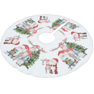 Jupon De Sapin En Polyester Brossé Cute Père Noël Christmas Tree Reindeer et Gnome