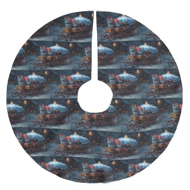 Jupon De Sapin En Polyester Brossé Décor de Noël Oriental Blue Cat Snowy Sleigh (Devant)